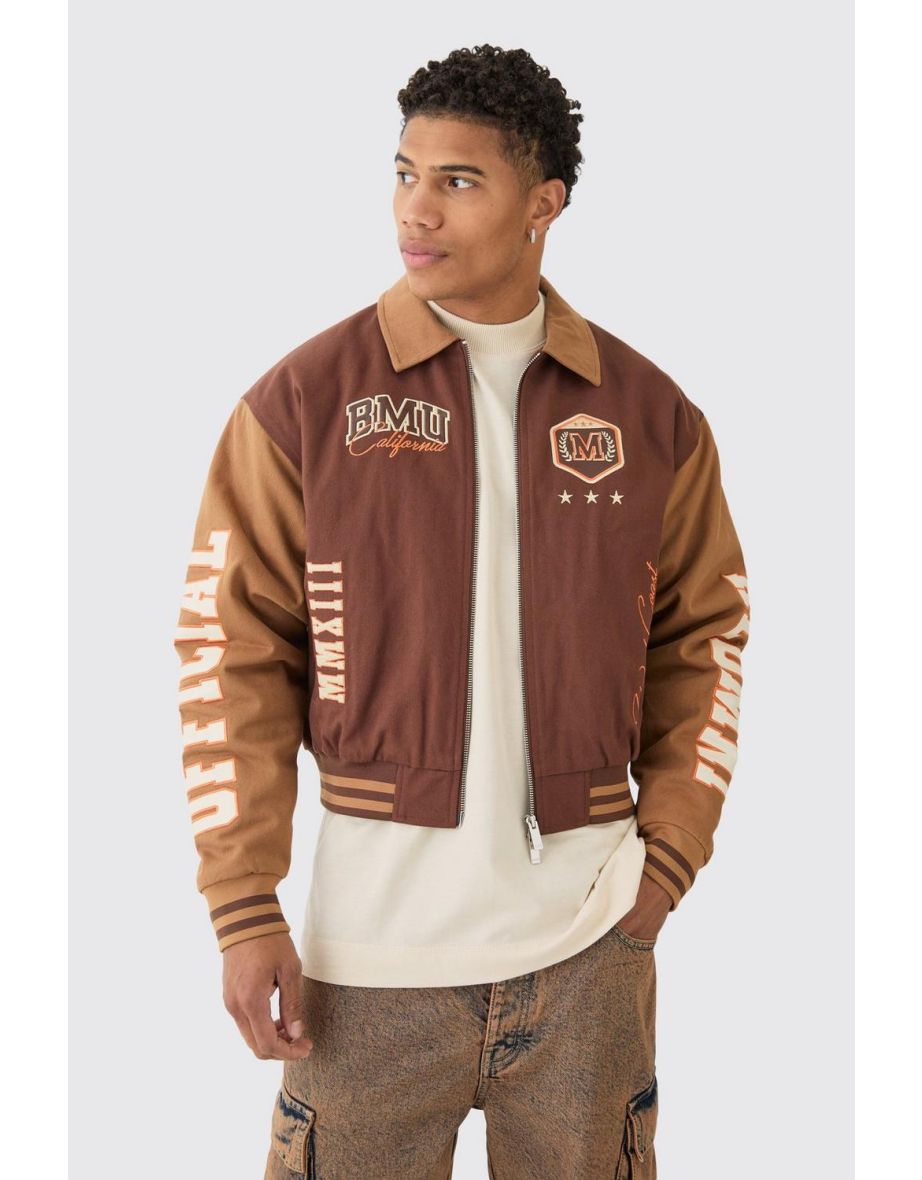 Boxy Collared Twill Varsity Bomber Jacket In Brown