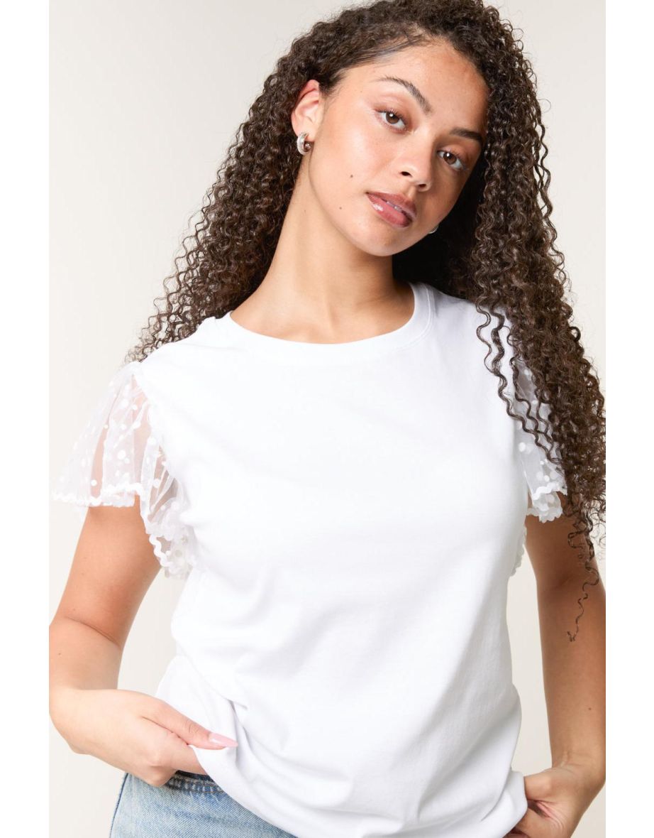Polka Dot Mesh Sleeve T-shirt