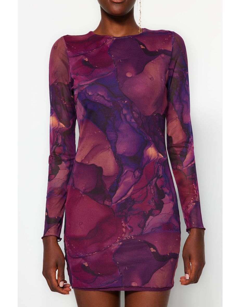 Multi Color Printed Tulle Fitted Stretch Mini Knit Dress - 13