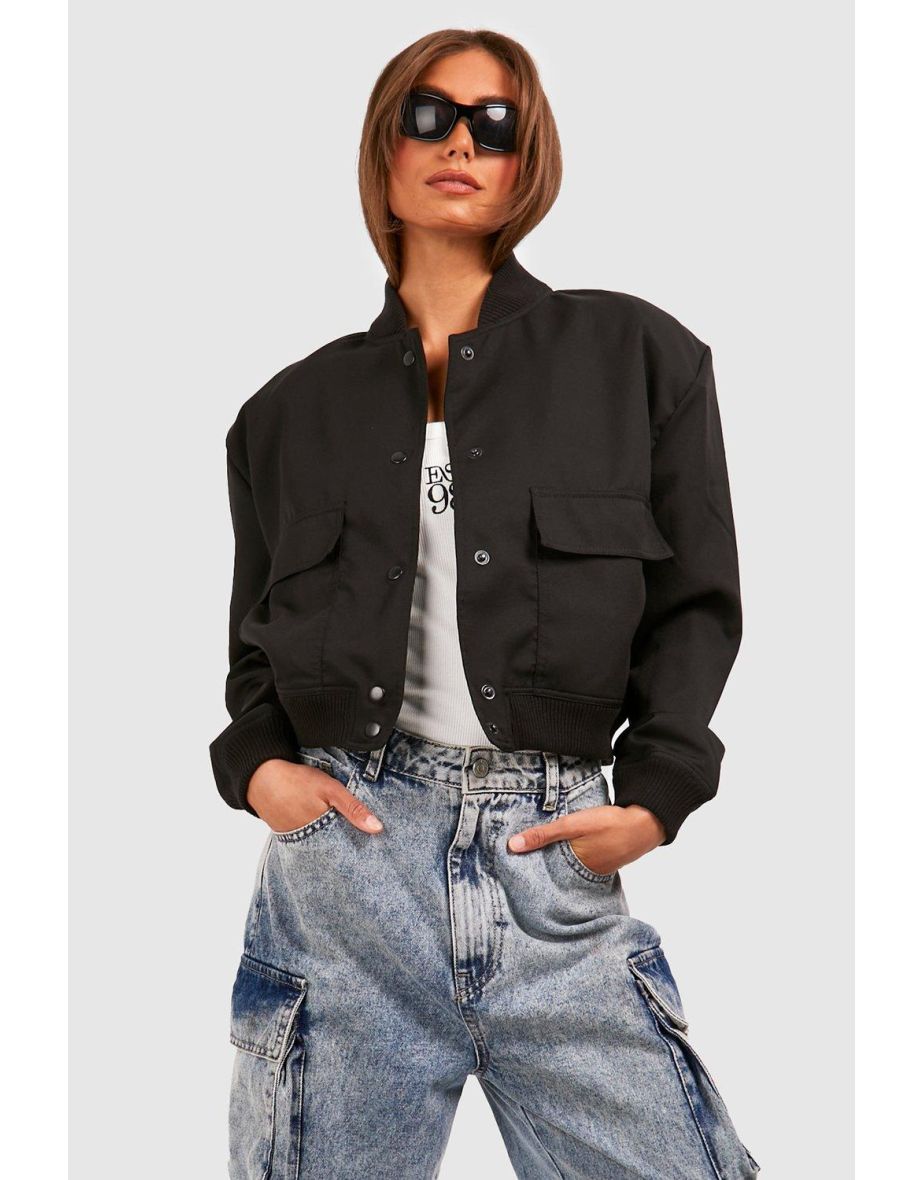 Shoulder Pad Detail Crop Bomber Jacket - black