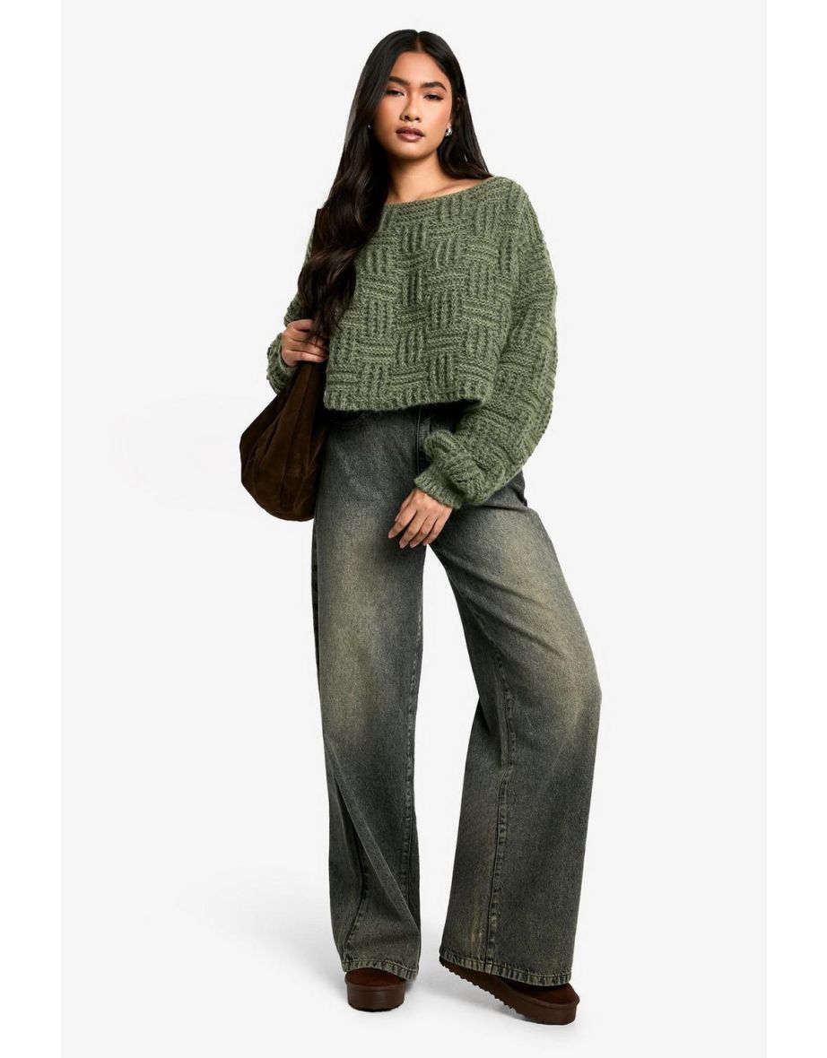 Square Knit Detail Oversized Crop Jumper - khaki