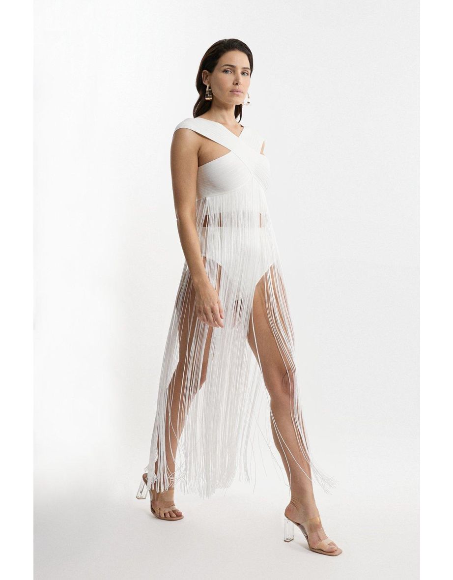 Bandage V Neck Cut Out Fringed Bikini Top - 2