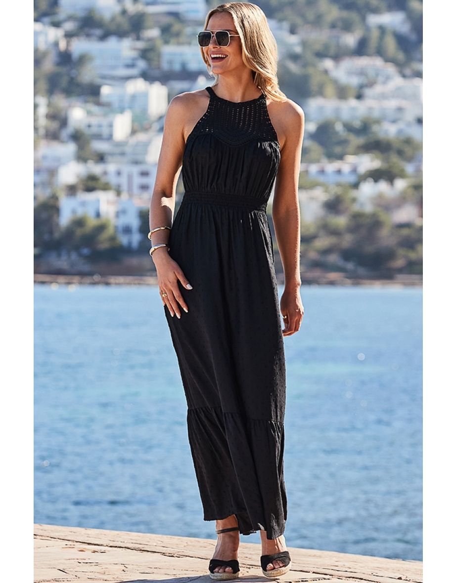 Black Crochet Halter Neck Maxi Dress - 4
