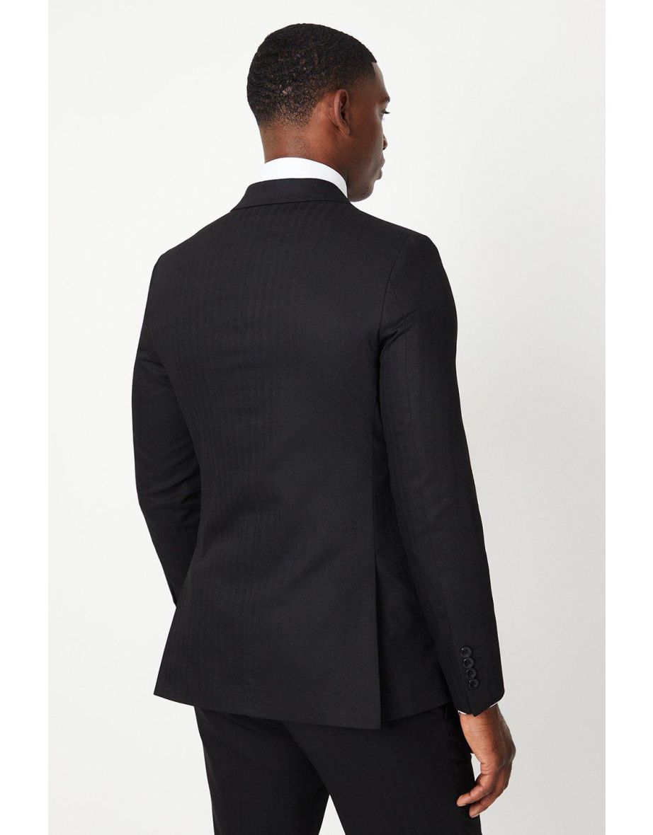 Black Herringbone Double Breasted Suit Jacket - 2