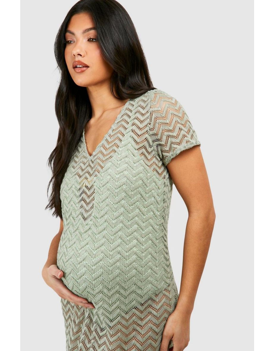 Maternity Crochet V Neck Maxi Beach Dress - light khaki - 3