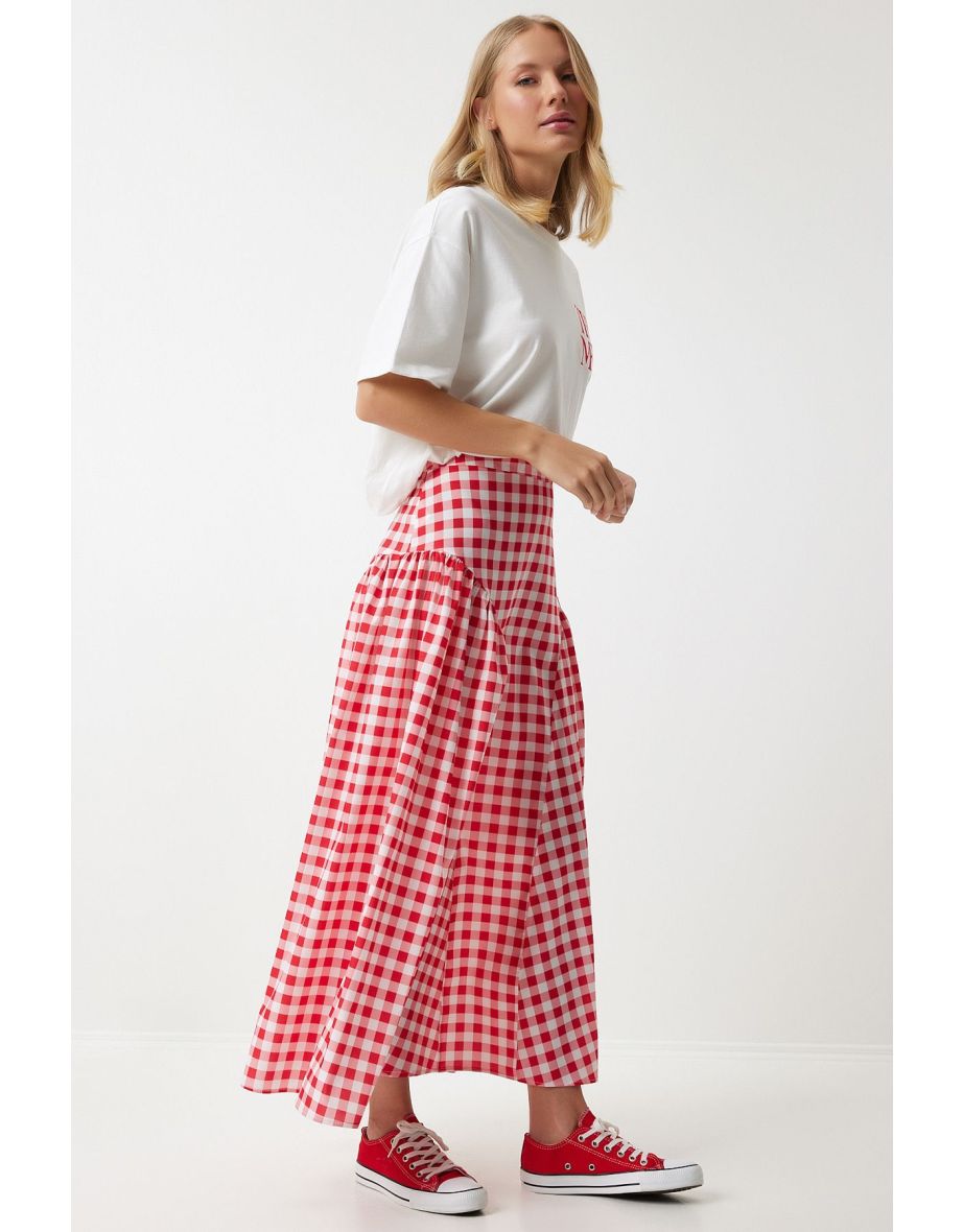 Women's Dark Pink Gingham Flounce Summer Poplin Skirt - 5