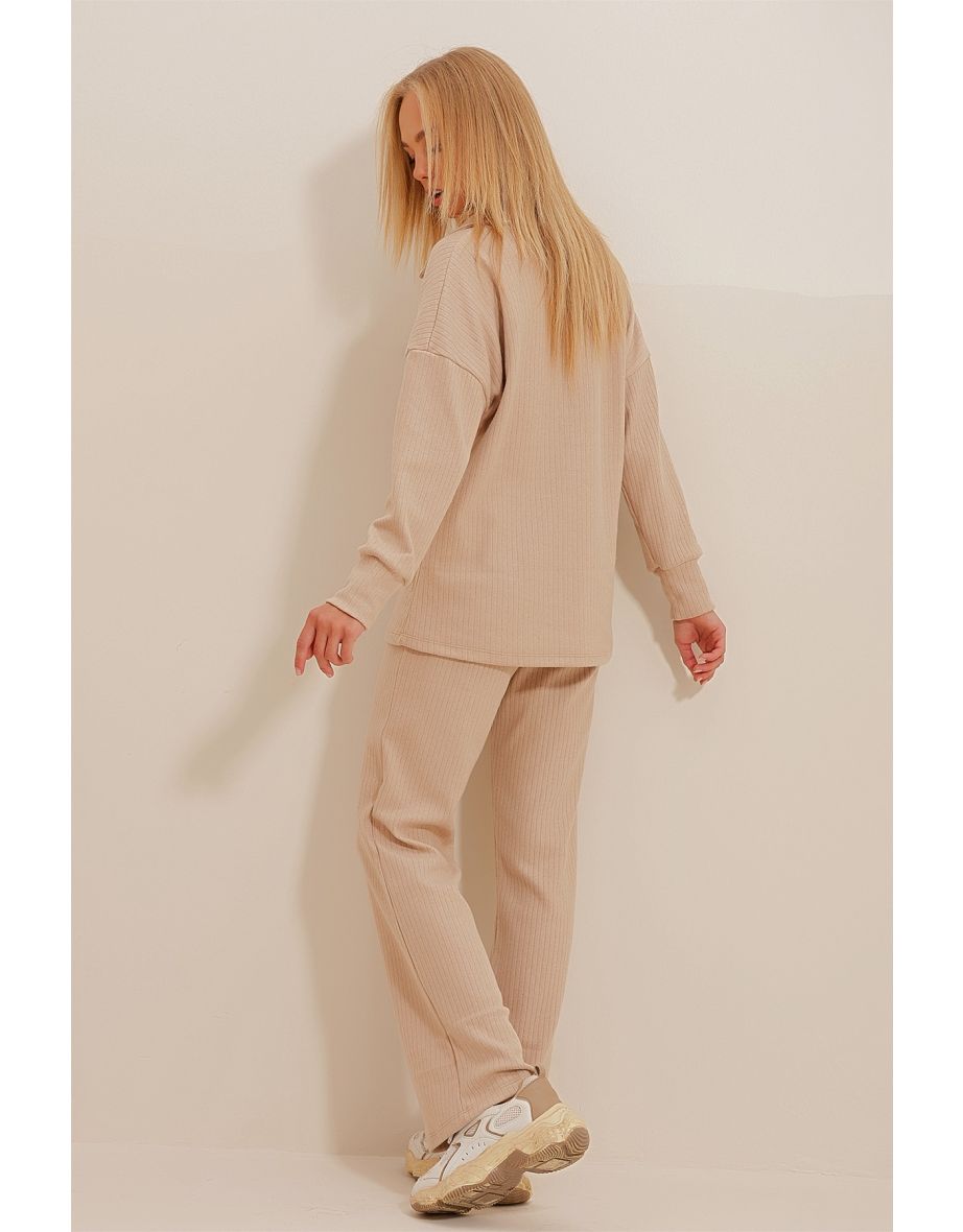 Women's Beige Polo Neck Top and Palazzo Trousers Knitwear Bottom and Top Set - 3