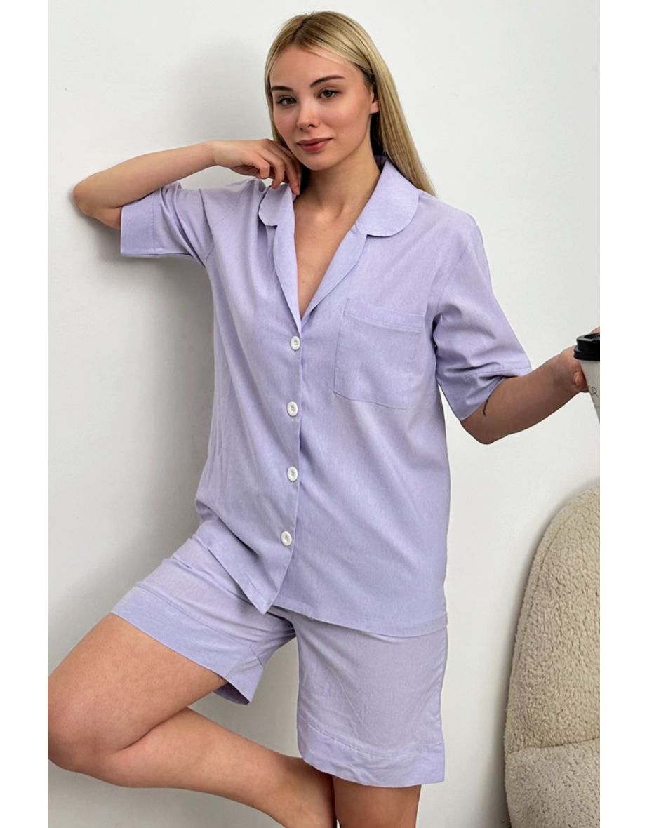 Women's Lilac Single Pocket Shorts Woven Pajamas Suit