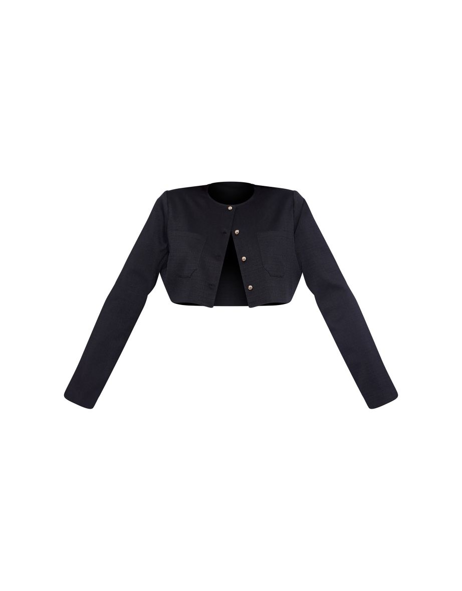 Black Textured Tailored Cropped Jacket - 4