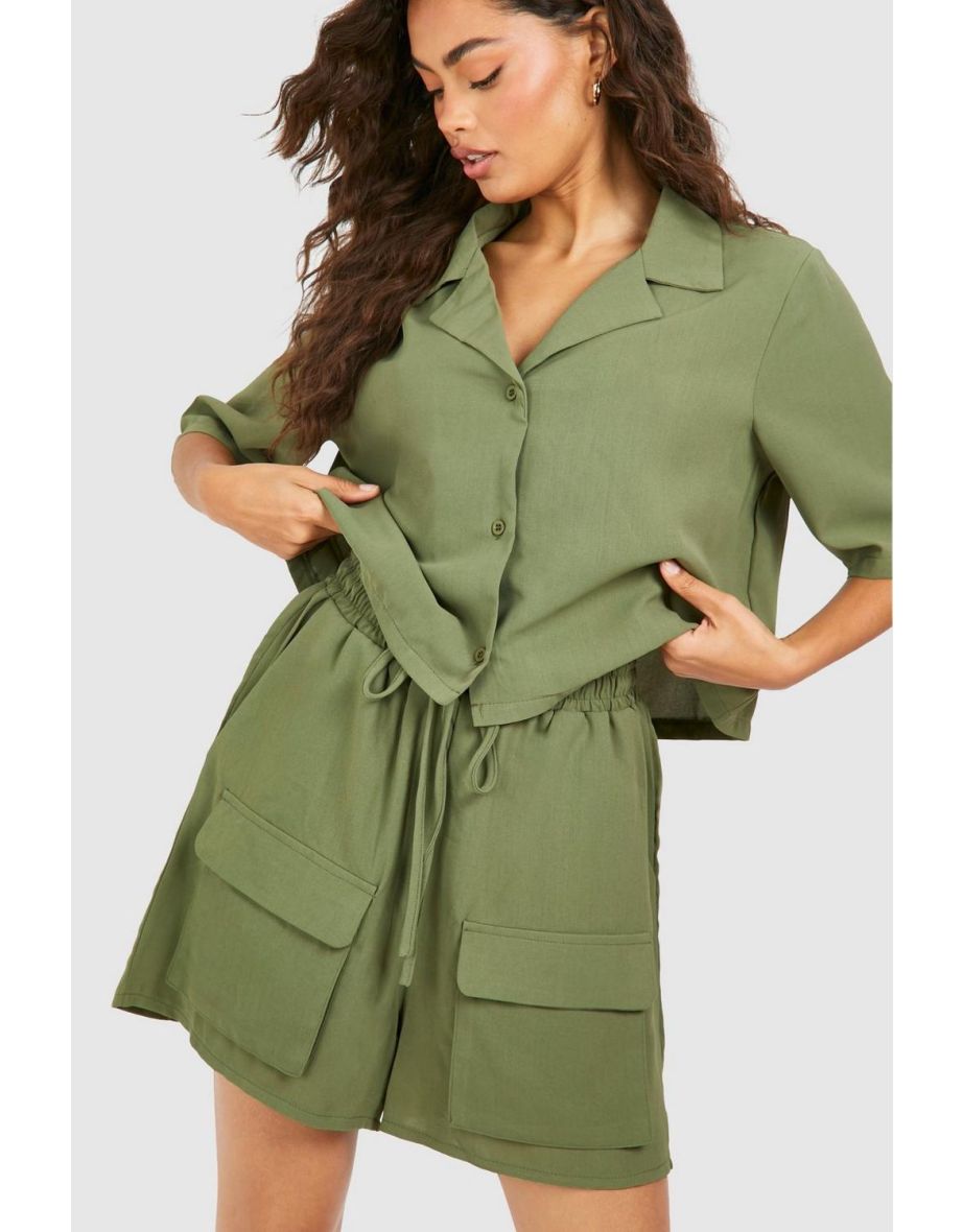 Cheesecloth Cropped Shirt & Shorts Set - khaki - 3