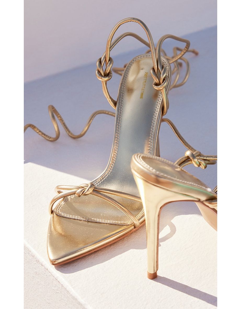 Gold PU Point Toe Metallic Strappy Lace Up Heeled Sandals - 2