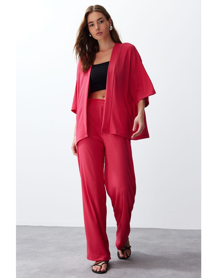 Pink Relaxed/Comfortable Cut Kimono Knitted Top and Bottom Set