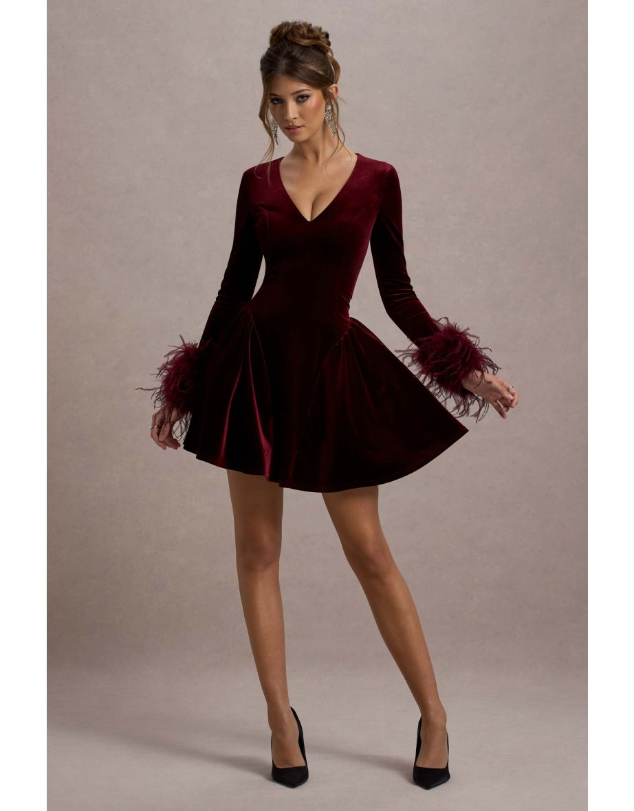Pasilla | Port Velvet Plunge-Neck Feather Trim Mini Dress