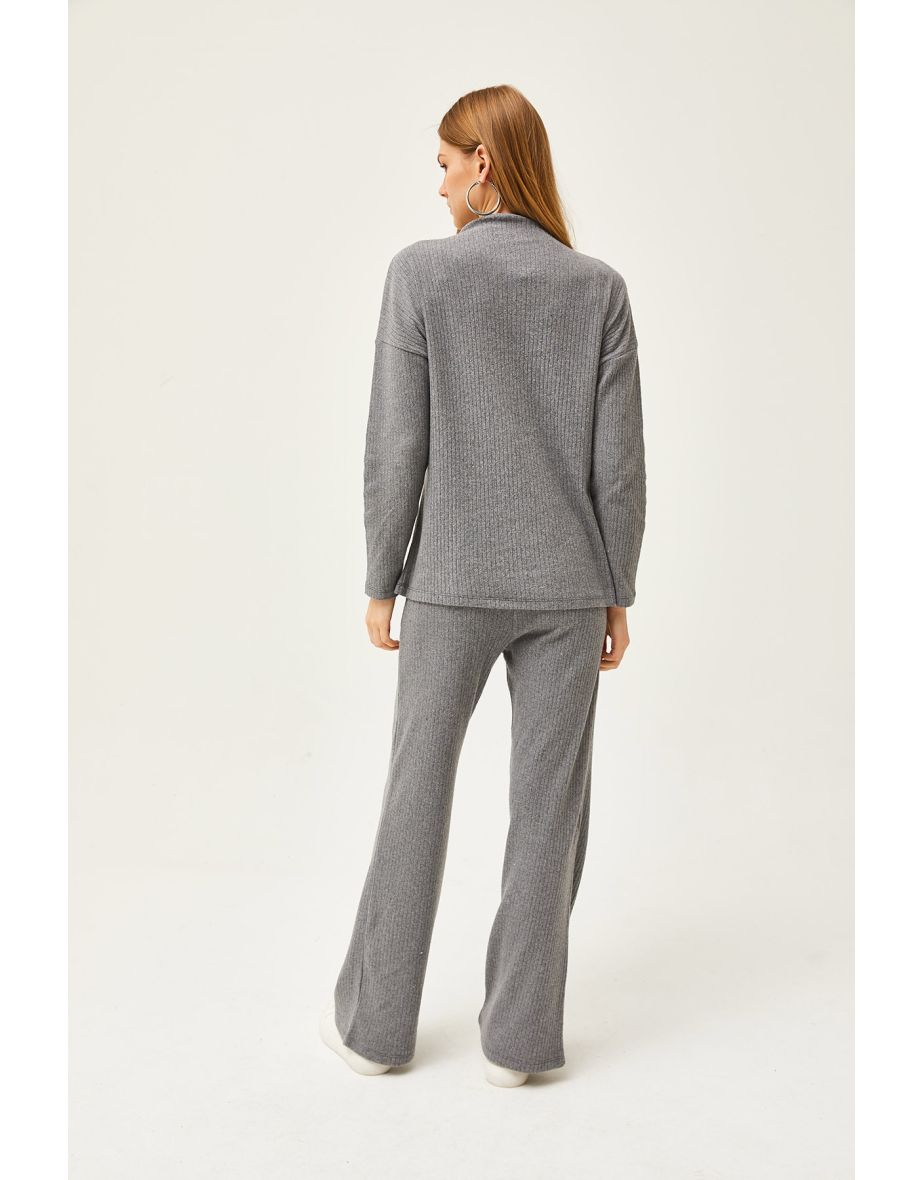 Women's Smoky Bottom Pocket Trousers Top High Neck Blouse Raised Suit - 5