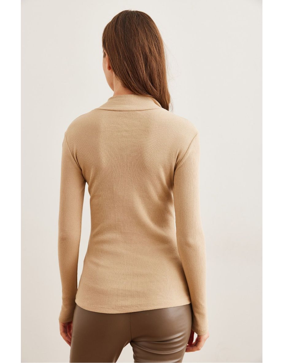 Women's Beige Zippered Turtleneck Lycra Blouseblz- - 5