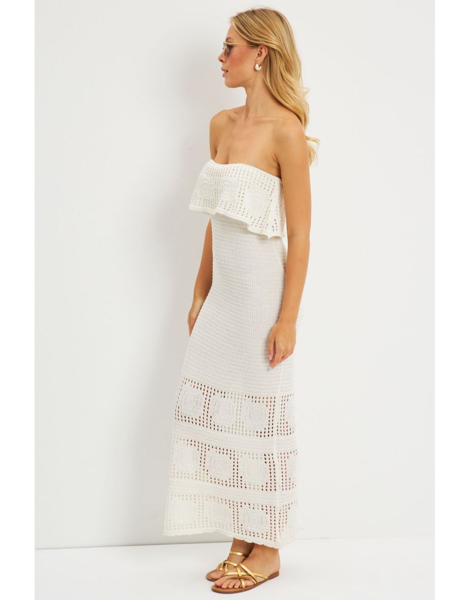 Women's Ecru Openwork Knitwear Midi Dress - 4