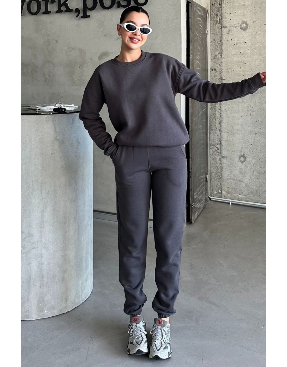 Anthracite Crew Neck Plain Oversize Bottom-Top Tracksuit Set - 6