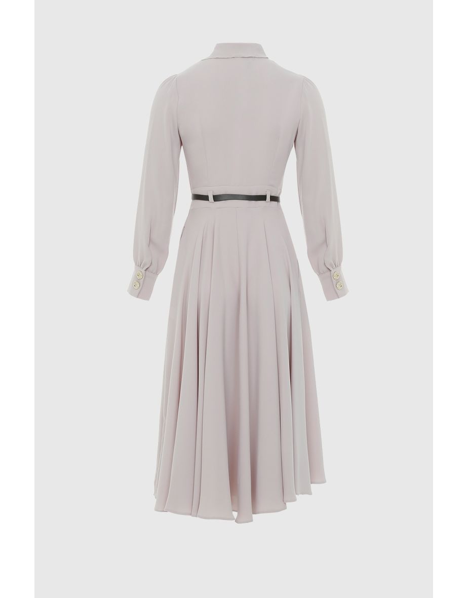 Leather Belt Midi Beige Dress With Plain Rims - 2