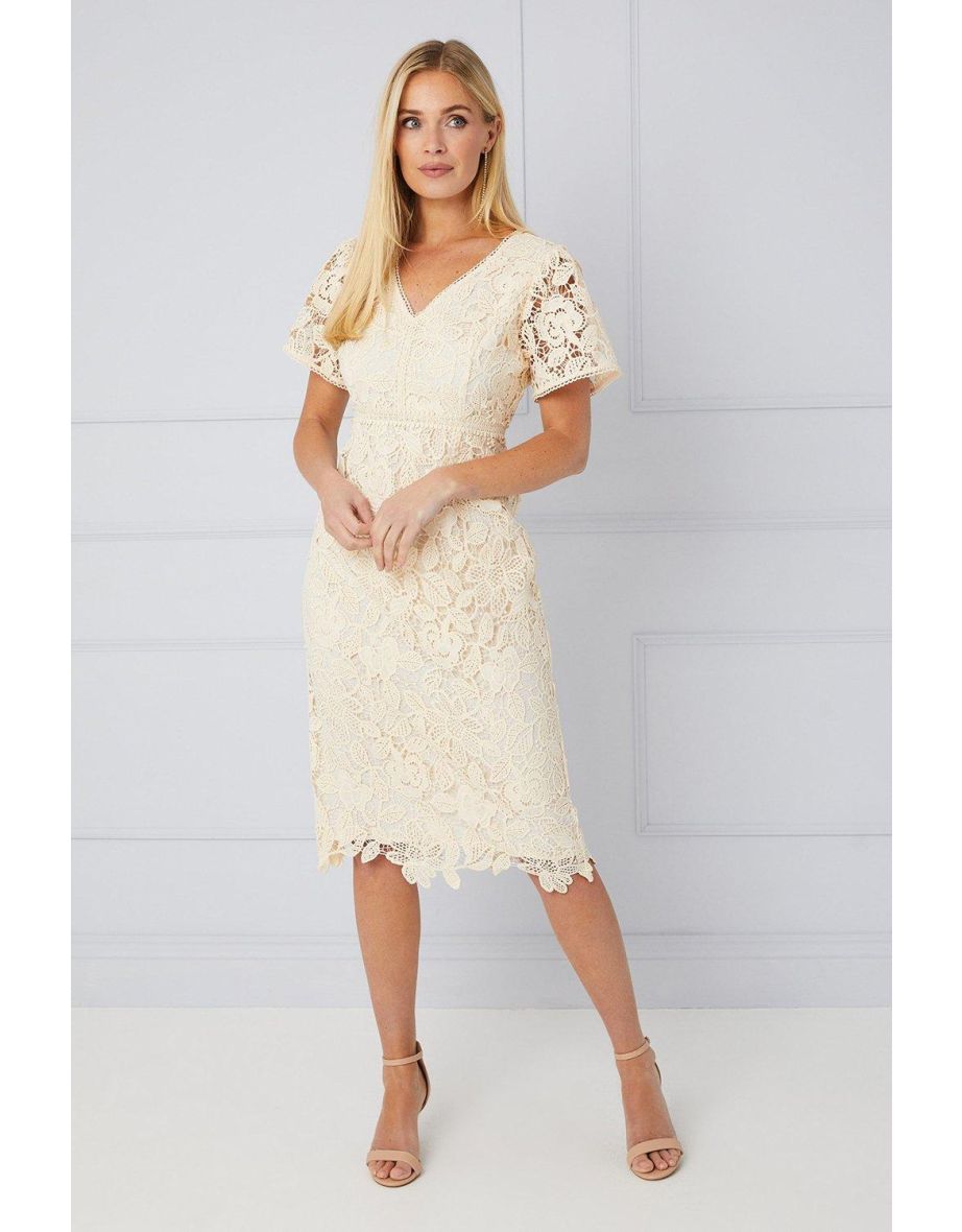 Petite Lace Flare Sleeve Pencil Dress