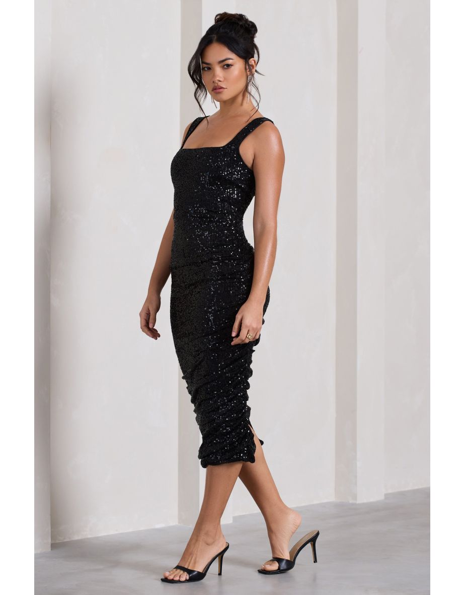 Starry Night | Black Sequin Square-Neck Midi Dress - 4