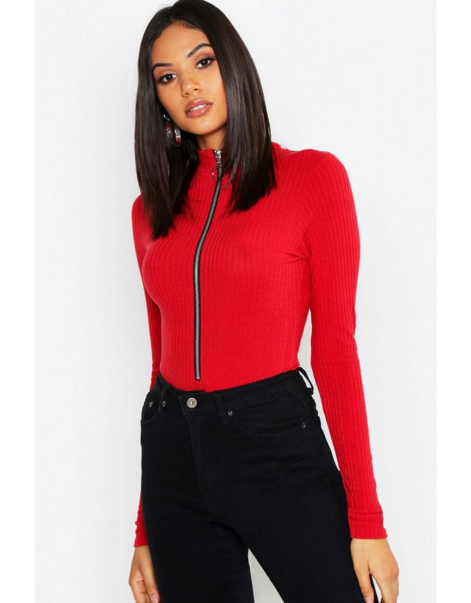Tall Long Sleeve Zip Front Knitted Rib Bodysuit - red