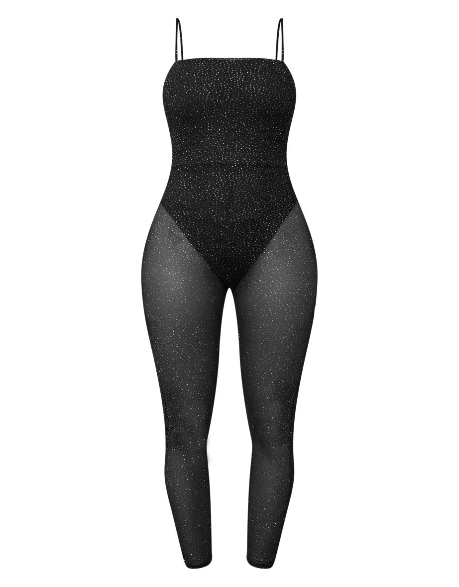 Shape Black Glitter Sheer Mesh Straight Neck Jumpsuit - 4