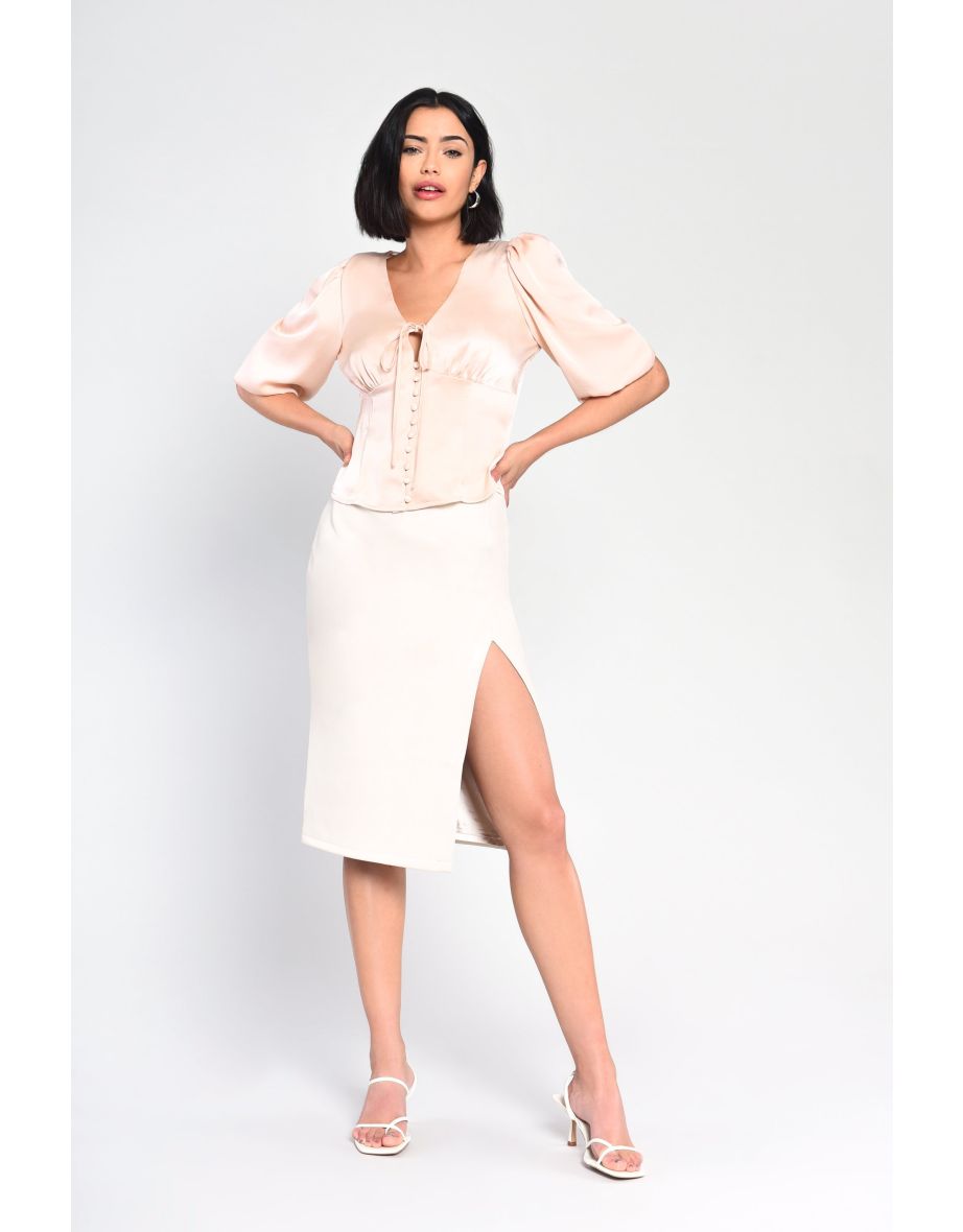 Glamorous Nude Satin Tie Front Button Blouse