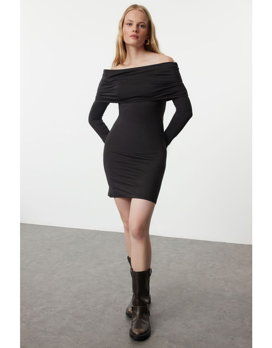 Black Soft Touch/Soft Fabric Fitted Carmen Collar Stretchy Knitted Dress