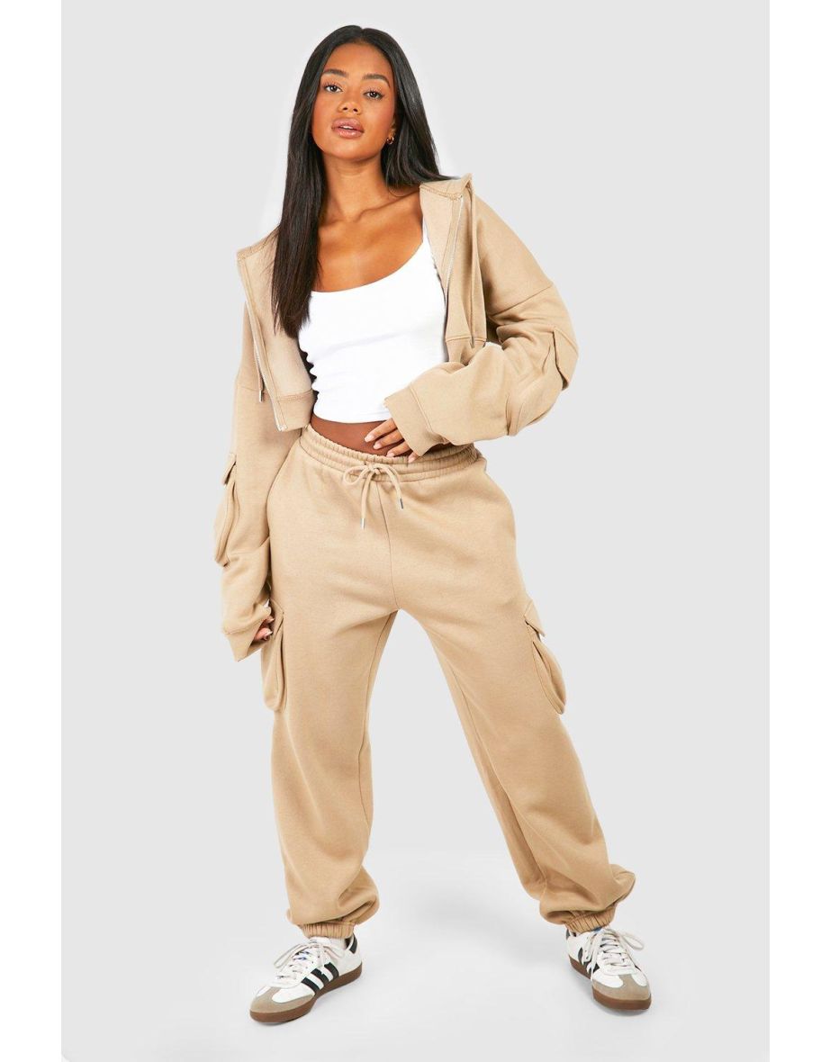 Shop Cargo Pocket Cropped Hoodie Tracksuit taupe Online in Qatar VogaCloset