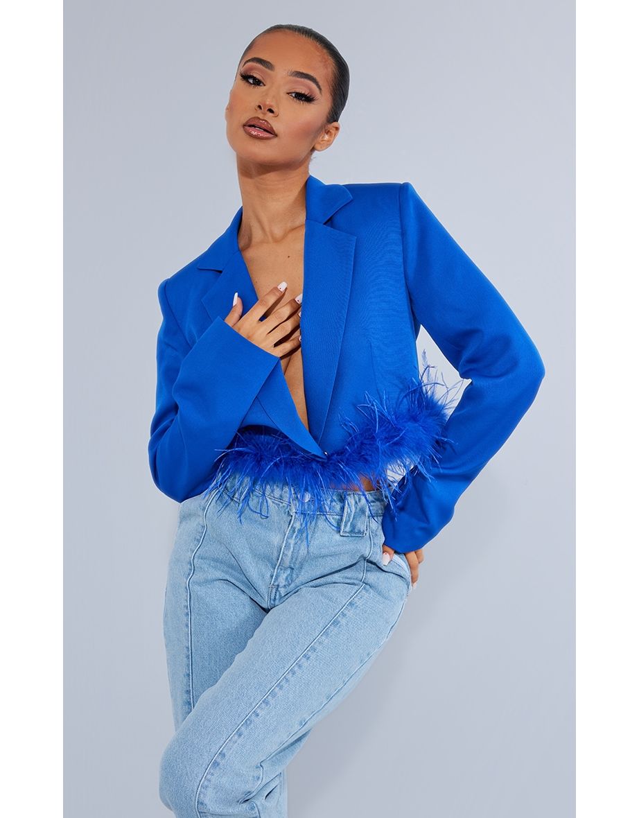 Petite Blue Feather Edge Cropped Blazer