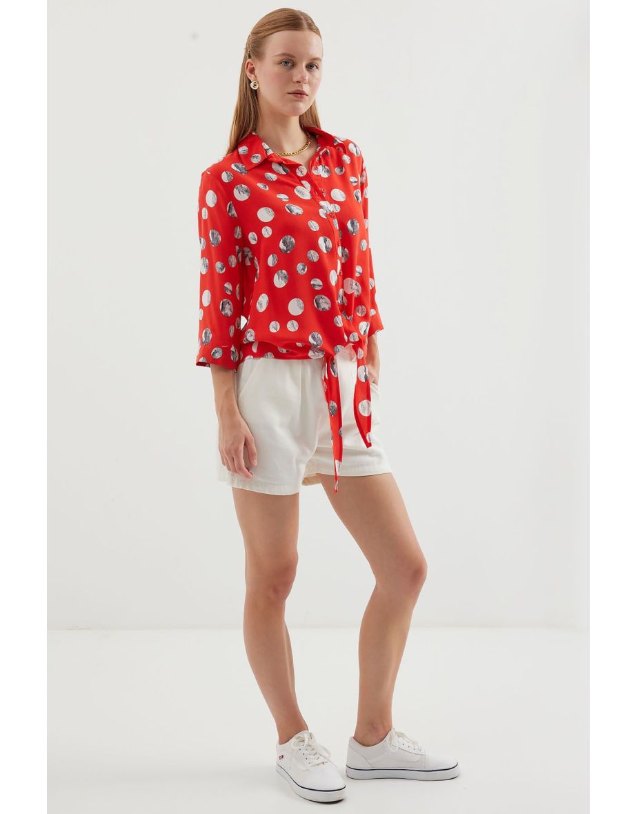 Tie Front Patterned Shirt - Red - 4