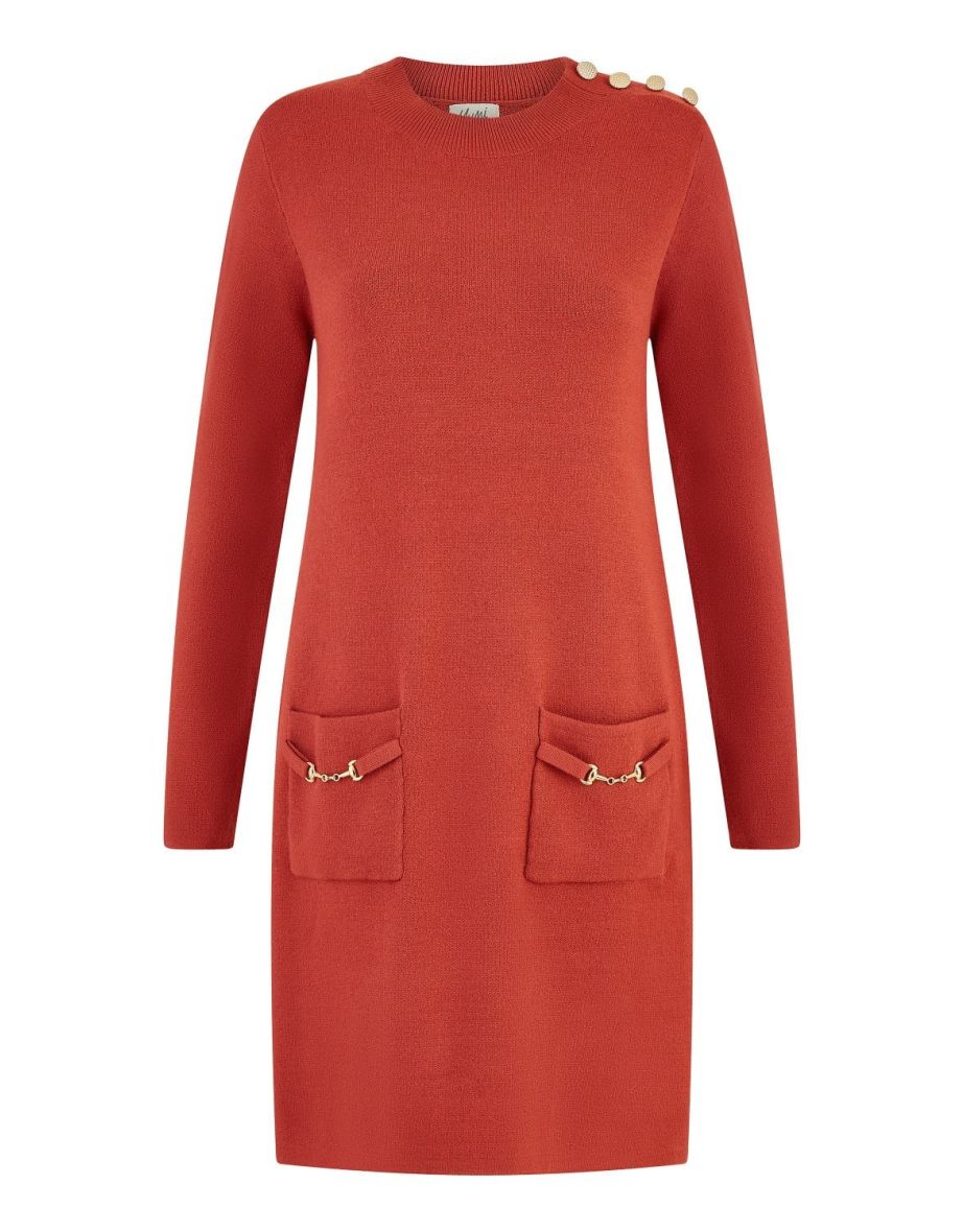 Yumi Burnt Orange Knitted Tunic Dress With Gold Hardware Details - 5