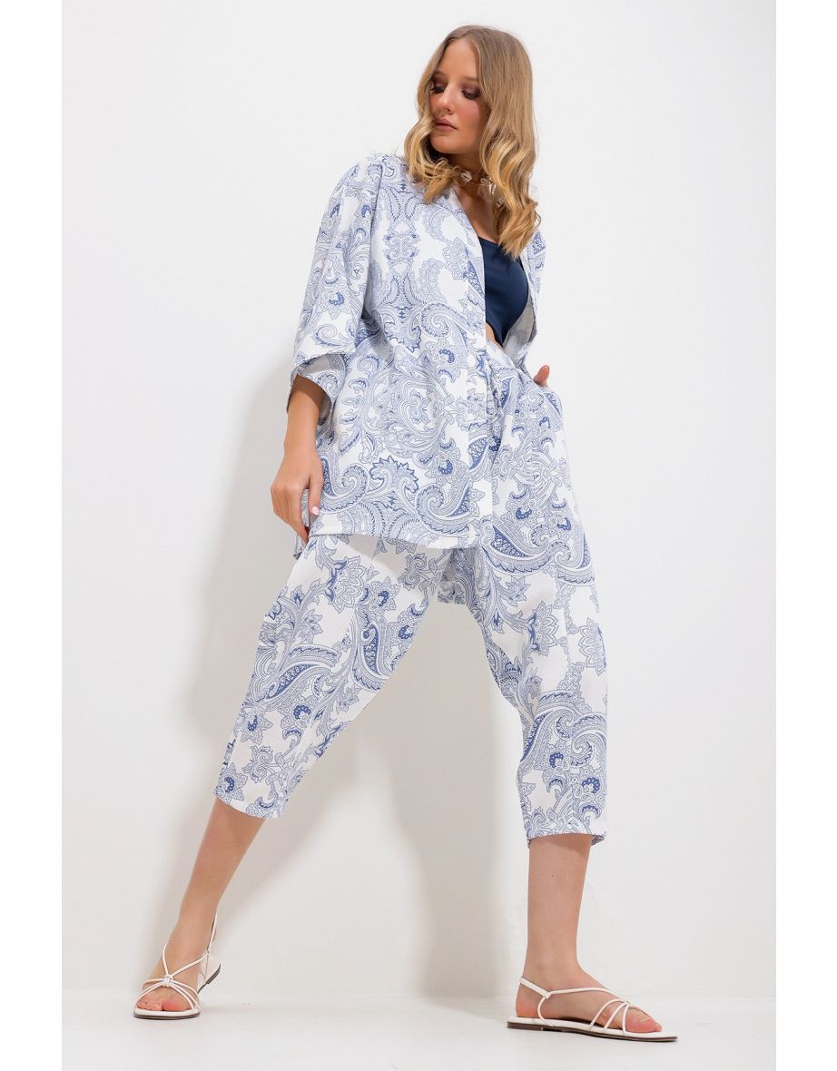 Women's Indigo Patterned Kimono With Jacket And Trousers Linen Woven Bottom Top Set