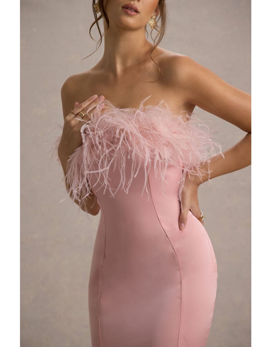 One And Only | Light Pink Satin Feather Trim Midi Dress - 5