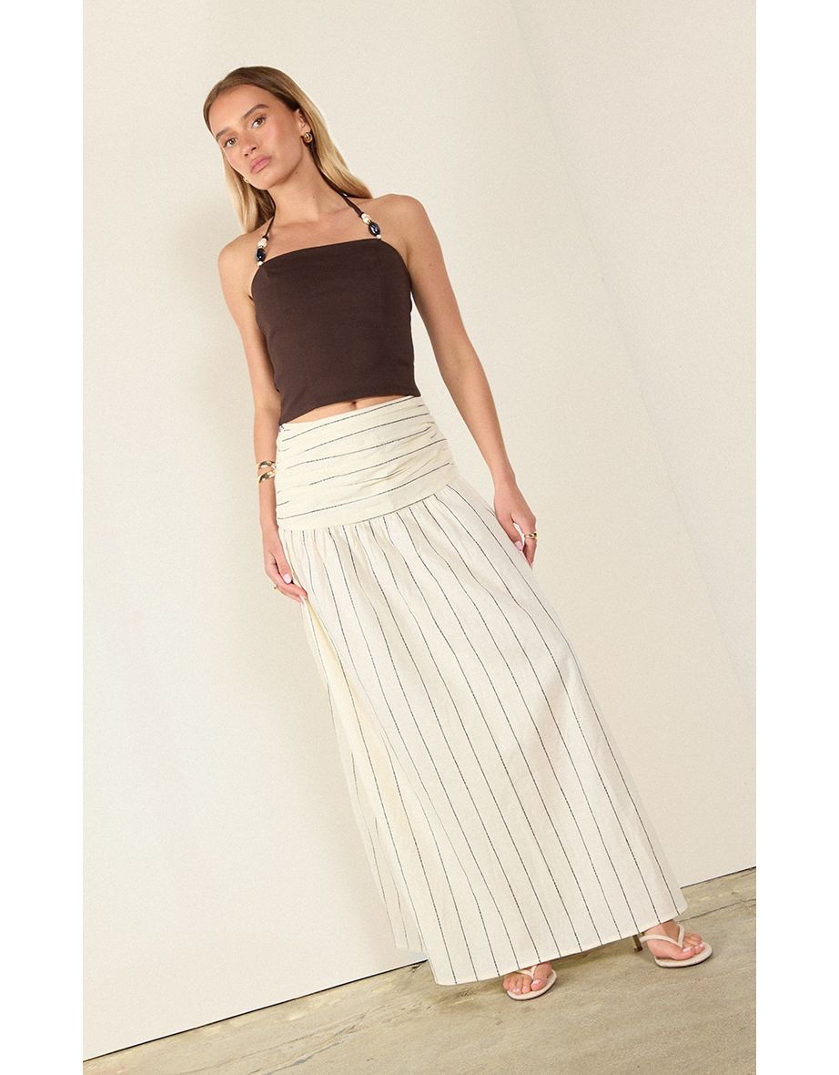 Stone Stripe Cotton Ruched Waist Maxi Skirt
