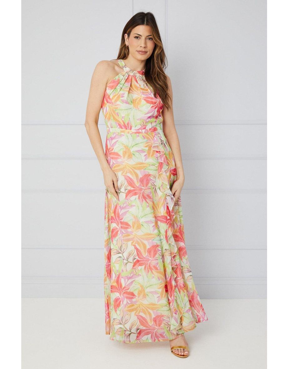 Palm Print Halter neck Ruffle Dress
