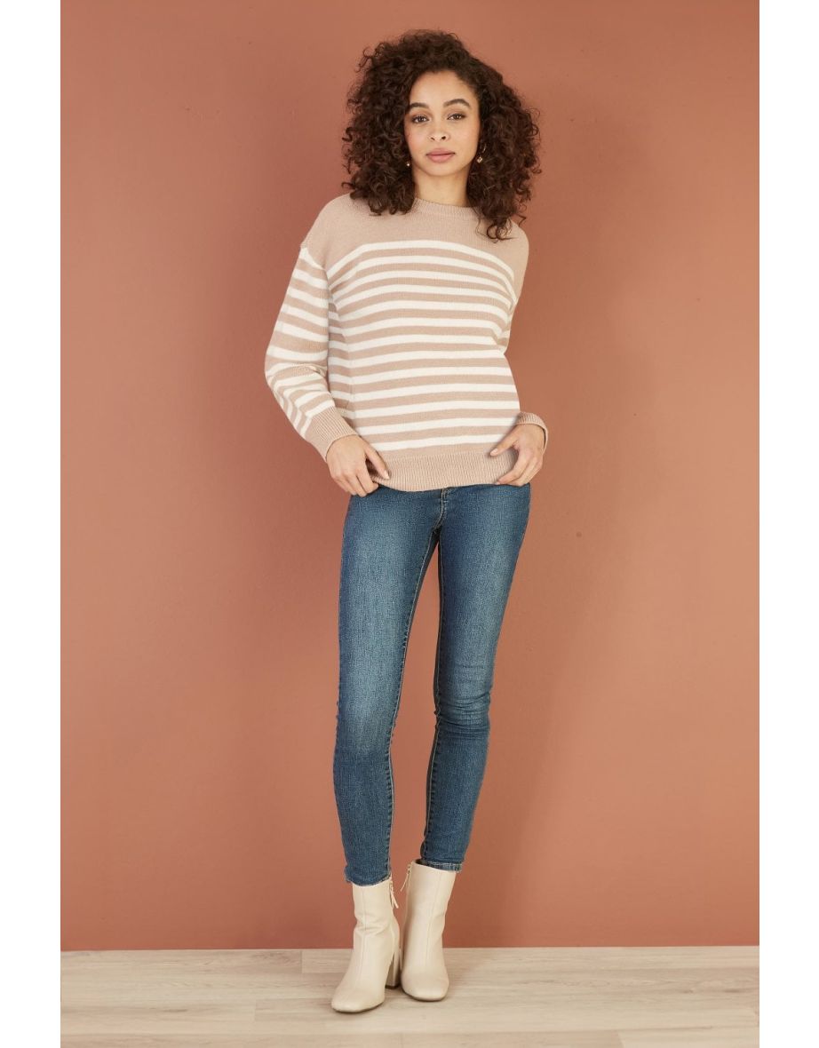 Yumi Beige Stripe Knitted Relaxed Jumper With Button Details