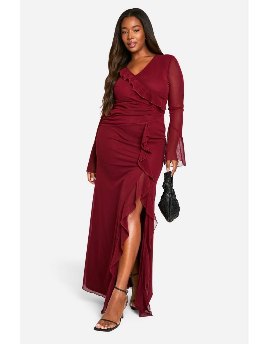 Plus Ruffle Wrap Detail Maxi Dress - cherry