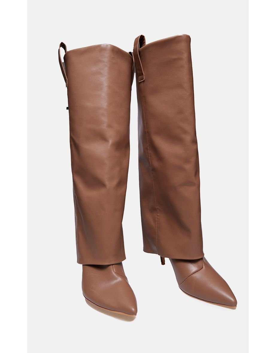 Brown Pu Fold Over Point Toe Heeled Boots - 3