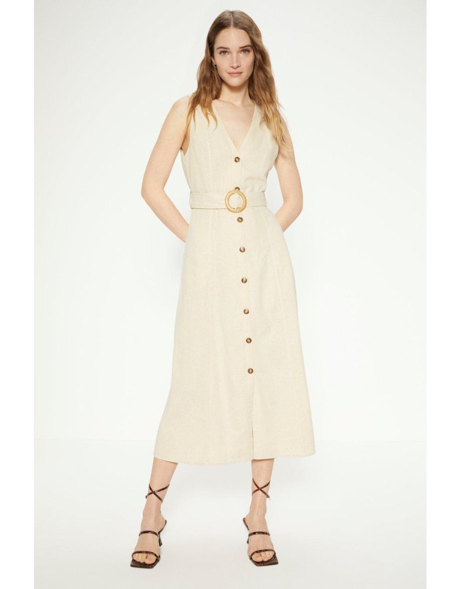 Linen Mix Belted Shirt Dress