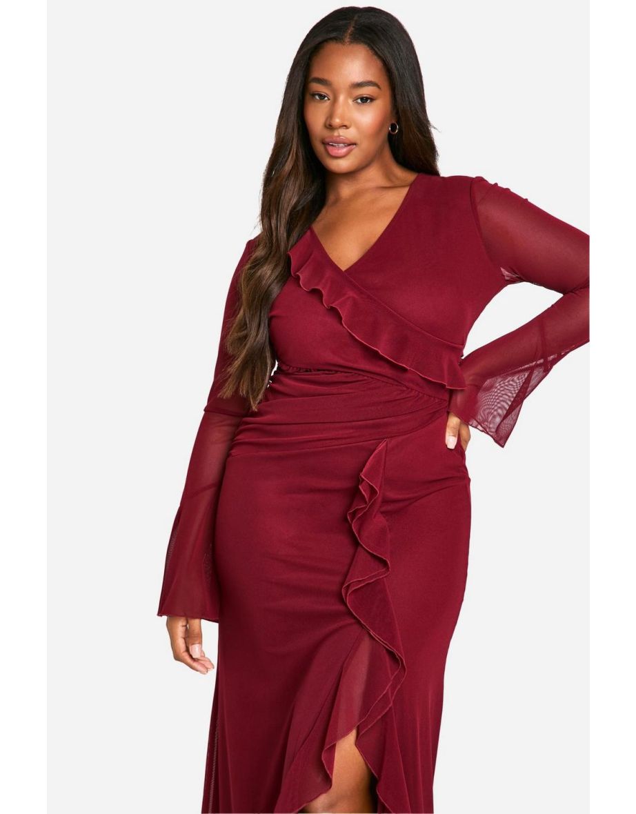 Plus Ruffle Wrap Detail Maxi Dress - cherry - 3