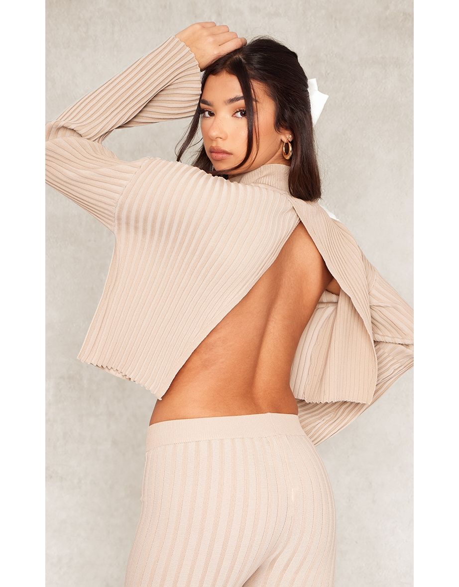 Taupe Two Tone Thick Rib Knit Open Back High Neck Jumper