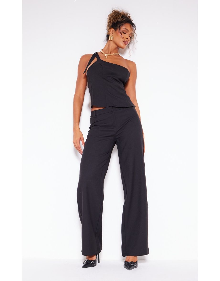 Black Woven Tailored Wide Leg Belt Detail Trousers