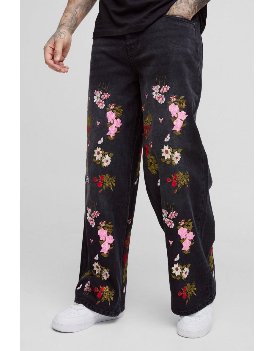 Tall Baggy Fit Floral Embroidered Jeans - washed black