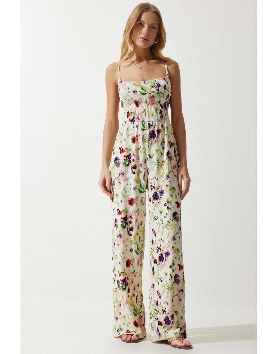 Women's Ecru Green Window Detailed Pattern Knitted Jumpsuit