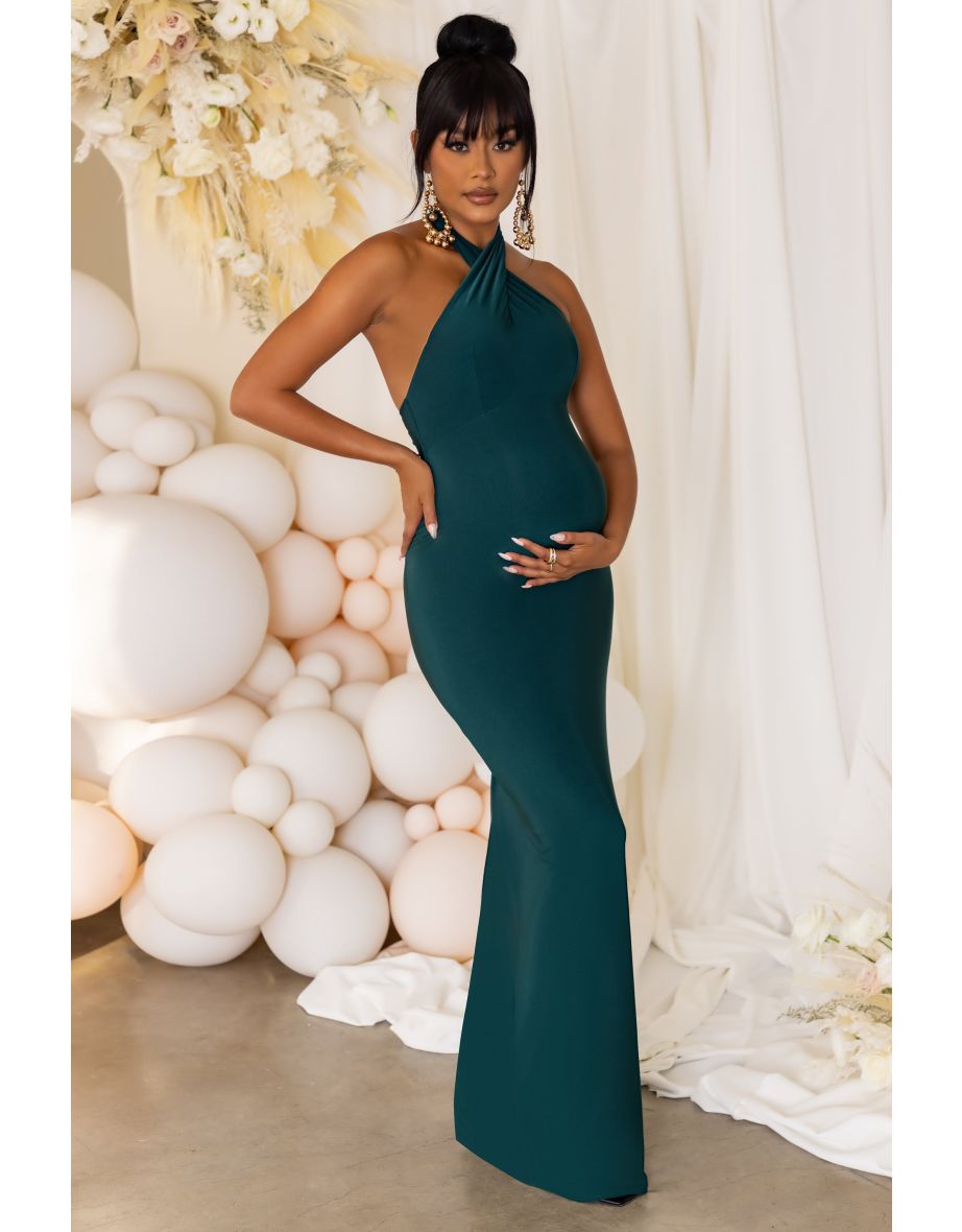 Bottle Green Maternity Halterneck Maxi Dress