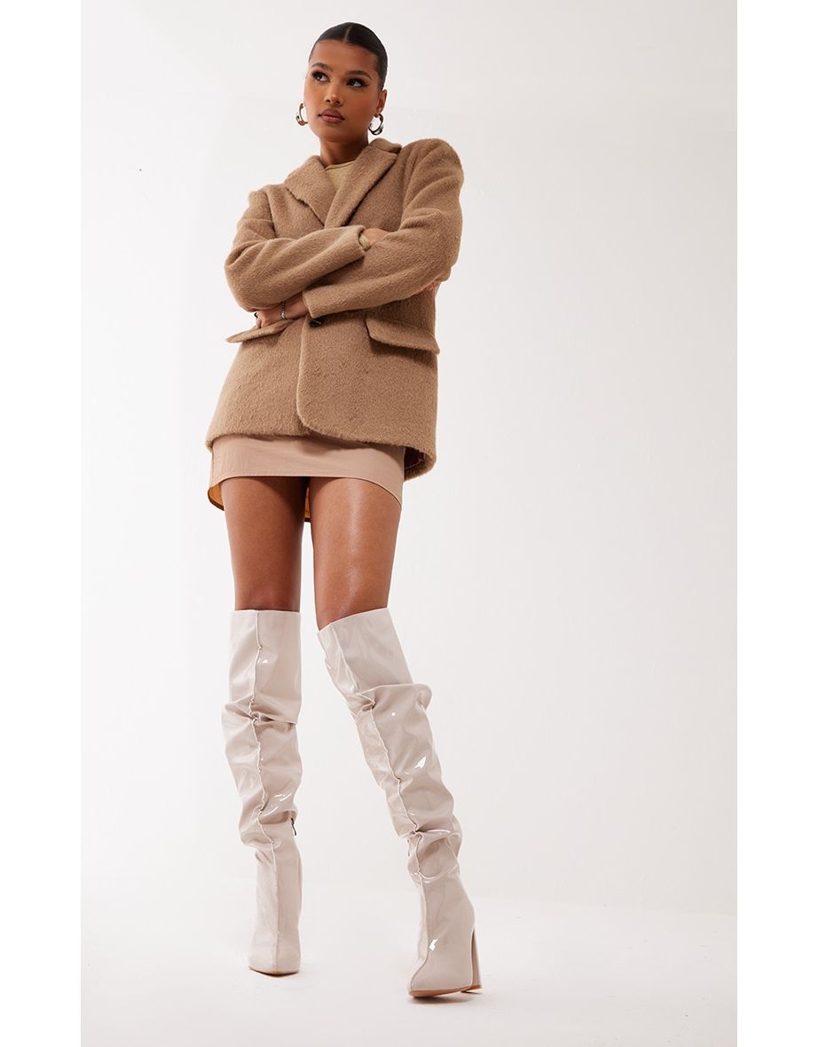 Shop Cream Vinyl Point Toe Seam Detail Over The Knee High Block Heeled Boots Online in Bahrain VogaCloset