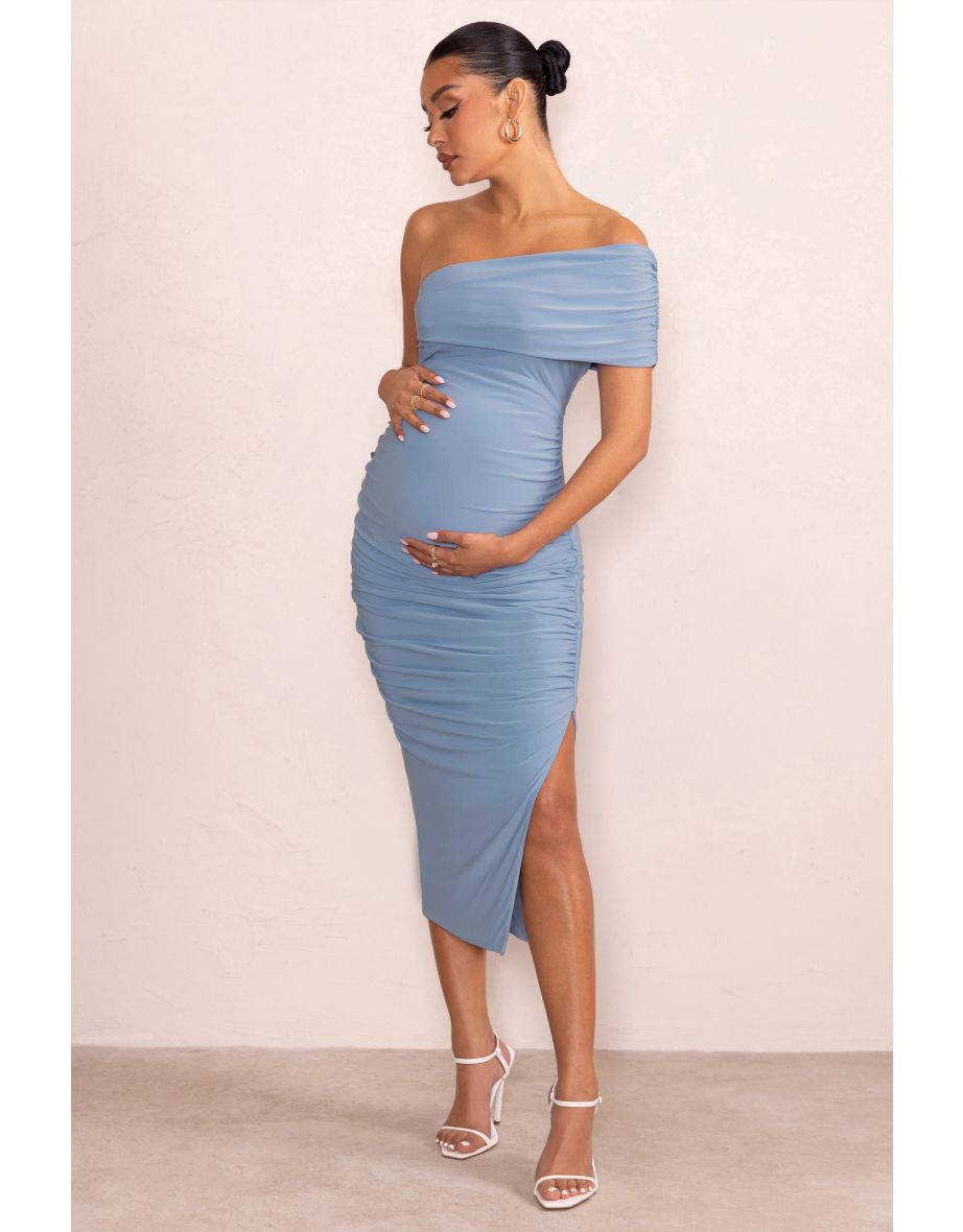 Odelia | Powder Blue Maternity Midi Dress with Asymmetric Sleeve and Side Split