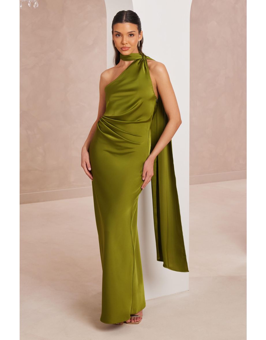 Olive Satin Wrap Neck Maxi Dress