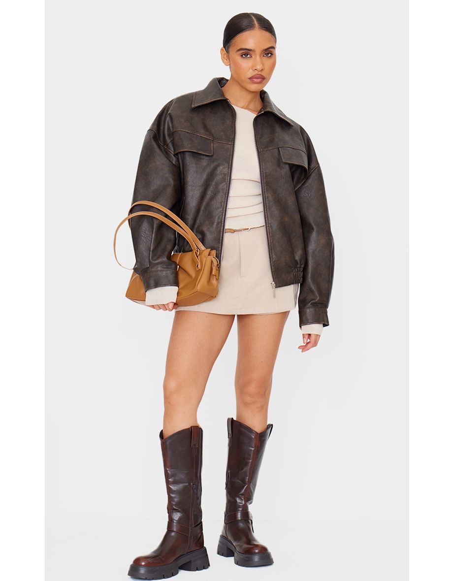 Chocolate Worn Faux Leather Pocket Detail Oversized Longline Bomber Jacket
